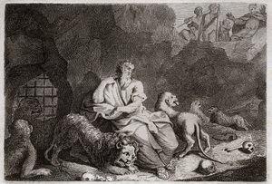Bible de Royaumont, Ancien Testament : Daniel dans la fosse aux lions. Daniel est jeté dans la fosse aux lions et en sort miraculeusement indemne. Illustration de 1811. - Unknown artist