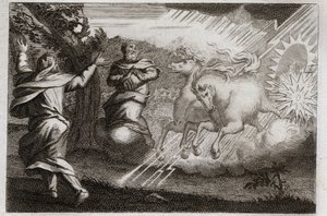 Bible de Royaumont, Ancien Testament : Élie est ravi au ciel. Élie est emporté au ciel dans un char de feu en présence de son disciple. Élisée reçoit de lui son double esprit : il divise les eaux du Jourdain avec le manteau d
