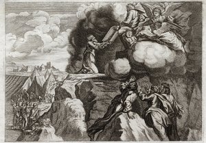 Bible de Royaumont, Ancien Testament : Premières Tables de la Loi. Dieu donne la Loi à son peuple sur le mont Sinaï. Moïse reçoit les 10 Commandements des mains de Dieu. Illustration de 1811.