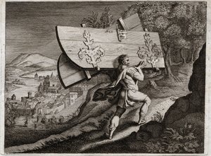 Bible de Royaumont, Ancien Testament : Portes de Gaza. Samson, enfermé à Gaza, arrache les portes de la ville. Illustration de 1811.
