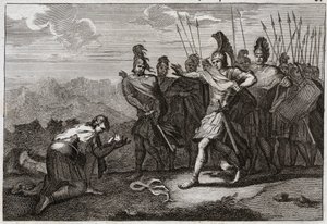 Bible de Royaumont, Ancien Testament : Tête de Saül. Les Philistins se réjouissent de la mort de Saül et offrent sa tête à leur idole. David regrette sa mort et se rend en Judée, où il est reconnu roi à Hébron. Illustration de 1811