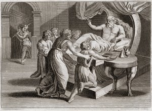 Bible de Royaumont, Ancien Testament : Isaac bénit Jacob. Isaac, désirant bénir Ésaü, donne sa bénédiction à Jacob grâce à la sagesse de Rébecca, selon le plan de Dieu. Illustration de 1811.