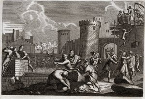 Bible de Royaumont, Ancien Testament : Jérusalem rebâtie. Le roi Artaxerxès Ier envoie Néhémie à Jérusalem avec la permission de rebâtir tous ses murs. Illustration de 1811.