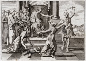 Bible de Royaumont, Ancien Testament : Jugement de Salomon. Le célèbre jugement de Salomon entre deux femmes pour reconnaître laquelle des deux était la mère d