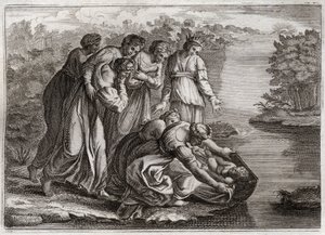 Bible de Royaumont, Ancien Testament : Moïse sauvé des eaux. La fille de Pharaon retire Moïse des eaux du Nil et l