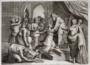 Bible de Royaumont, Ancien Testament : Reine de Saba. La Reine de Saba vient voir Salomon pour écouter sa sagesse et lui offrir des présents. Illustration de 1811.