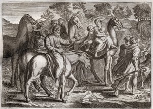 Bible de Royaumont, Ancien Testament : Retour de Jacob. Le retour de Jacob en terre de Canaan avec ses femmes, Rachel et Léa, et ses enfants. Illustration de 1811. - Unknown artist