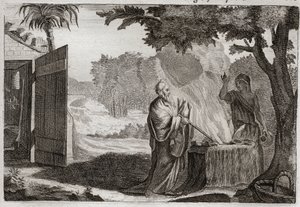 Bible de Royaumont, Ancien Testament : Sacrifice de Gédéon. Gédéon (Gideon) est appelé par Dieu à délivrer les Juifs de leurs ennemis. Il offre un sacrifice sur une pierre, d