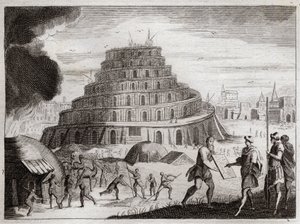 Bible de Royaumont, Ancien Testament : Tour de Babel. Les hommes veulent par vanité élever une tour jusqu
