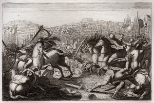 Bible de Royaumont, Ancien Testament : Victoire de Judas. Judas Maccabée (Machabée, Macabée) a vaincu Apollonius, Seron, Ptolémée Macron, Gorgias, Nicanor et Lysias dans diverses batailles. Illustration de 1811.