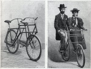 Bicyclette à deux sièges de la manufacture « Punnett Cycle » sans et avec cyclistes. Gravure dans « La Nature » - Unknown artist