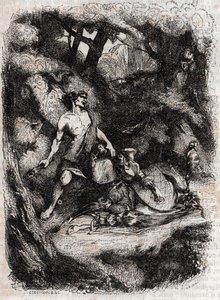 Bradamante terrassée par un géant - gravure de 1851 de « Roland furieux » (Orlando furioso) (16e siècle) par Ludovico Ariosto, traduit de l
