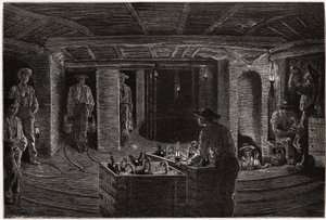 Petit déjeuner dans la mine, distribution et consommation de repas en paniers aux mineurs dans les galeries de charbon du Creusot. Gravure pour illustrer un voyage au Creusot et aux mines de Saône-et-Loire, en 1865, par L. Simonin, dans « Le tour du monde 