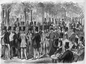 Courtiers près de la petite Bourse du boulevard des Italiens à Paris, France. Gravure dans "L