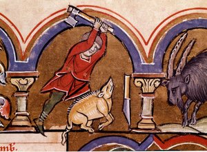 Calendrier : Novembre. Les cochons sont abattus. (détail) Miniature du Psautier de Sainte Élisabeth 13e siècle Cividale, Museo Archeologico