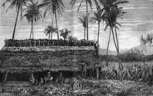 Canaques de Nouvelle-Calédonie devant une case ou une maison de réunion. Gravure dans "La Nature"