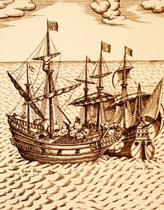 Capture du galion espagnol le Cagafuego par le Golden Hind dirigé par Francis Drake en mars 1579 (gravure) - Unknown artist
