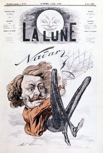 Caricature de Nadar (1820 - 1910) aéronaute. Couverture de ""La Lune"" datée du 2/06/1867