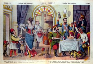 Caricature du journal italien « Le Parroquet » (il Pappagallo) sur le Congrès de Berlin (Congresso di Berlino) en 1878 (Conférence diplomatique). Le congrès de Berlin a été tenu pour examiner les injustices de la Russie envers la Turquie : les Turcs forcés - Unknown artist