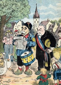 Caricature représentant Georges Clemenceau et Emile Combes faisant campagne ensemble dans les campagnes françaises pour les élections de 1913 (Caricature montrant les hommes d