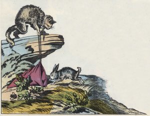 Le chat piège un lapin. Illustration du conte "Le chat botté" de Charles Perrault.