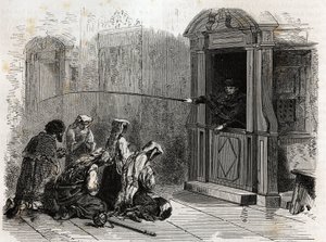 Pratiquants catholiques en prière, recevant la pénitence ordinaire, fouets administrés par un prêtre depuis le confessionnal. Gravure pour illustrer l