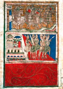 Charlemagne et ses chevaliers quittent Aix-la-Chapelle et se rendent à Saint-Jacques-de-Compostelle Miniature du « Codex Calixtinus » (Livre de Saint Jacques), vers 1140. fol. 162 v. Archives de la cathédrale de Saint-Jacques-de-Compostelle (Santiago de Co - Unknown artist