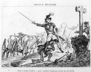 Chef et soldat à pied. Artillerie vendéenne tirée par des bœufs. Gravure du 19e siècle - Unknown artist