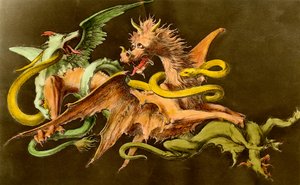 Chimères Un dragon combattant deux monstres. Gravure du 19ème siècle. - Unknown artist