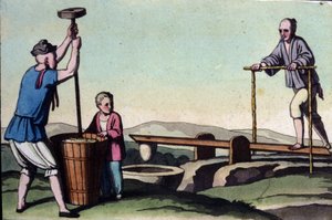 Chine, à gauche le décorticage du riz et à droite la régulation de l