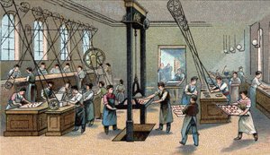 Fabrication du chocolat : moulage. Chromolithographie de la fin du 19e siècle. - Unknown artist