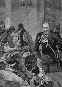 Choléra en Russie en 1892 : Alexandre III, empereur de Russie et son épouse Maria Feodorovna, impératrice de Russie visitent un hôpital. Gravure de 1892