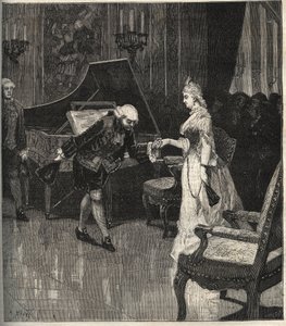 Christoph Willibald Gluck devant la reine Marie-Antoinette à Trianon - Christoph Willibald Gluck (1714-1787), compositeur allemand jouant devant la reine Marie-Antoinette à Trianon - gravure dans « La musique populaire » - journal hebdomadaire illustré - 1