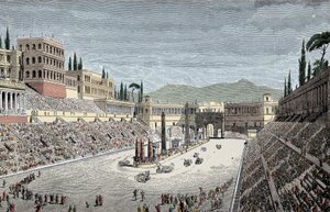 Circus Maximus - Le grand cirque ou Circus Maximus, à Rome, avec une course de chars - Gravure en couleurs