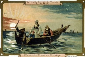 Pêche à la morue en Norvège. Emballage des produits Liebig.