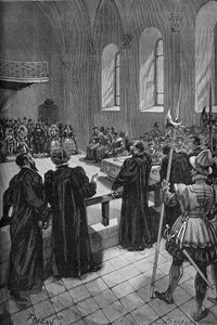 Colloque de Poissy (1561). Discours du calviniste suisse Théodore de Bèze (au centre, de dos), chef de la délégation protestante.