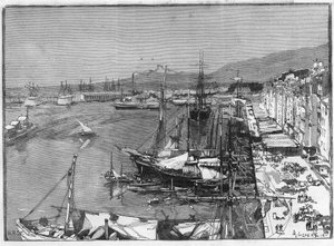 Navire commercial et arsenal dans le port de Toulon (Var), France. Gravure dans "Le Monde Illustré" - Unknown artist