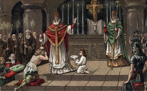 Conversion de Widukind ou Witikind devant Charlemagne en 785. Chromolithographie de la fin du XIXe siècle. - Unknown artist