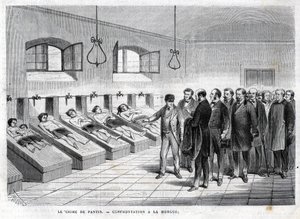 Crime de Pantin en octobre 1869. Confrontation à la morgue. Gravure de 1869