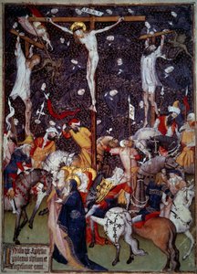 Crucifixion. Anges noirs volant autour des corps des condamnés