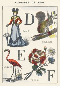 D E F : dame, écureuil, flamant rose, fleurs - Unknown artist
