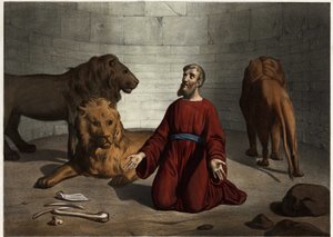 Daniel, jeté aux lions par le roi, est protégé par un ange du Seigneur qui calme les bêtes. Gravure anonyme du milieu du 19ème siècle.