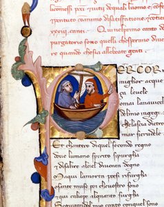 Dante Alighieri : Divina Commedia (Divine Comédie) incipit du Purgatoire. Dante et Virgile. manuscrit du 14e siècle. Milan bibl. Trivulziana