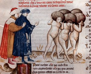 Dante et Virgile regardant le comte et Umberto Aldobrandeschi Oderisi da Gubbio (chant 11 du Purgatoire, dans la Divine Comédie) - miniature XVe siècle
