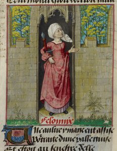 (détail) de la miniature de la figure allégorique de Feloniye (Crime), dans la première colonne du folio, de 
