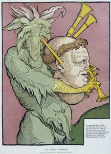 Diable jouant de la cornemuse avec une tête de moine - gravure