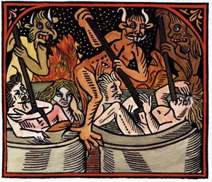 Diables cuisinant des hommes dans des chaudrons en enfer