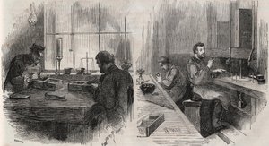 Taille de diamants dans un atelier aux Pays-Bas : fendeurs et polisseurs - Gravure dans « Le Monde Illustré ».