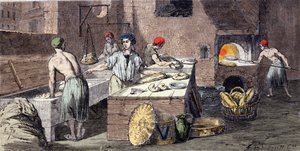 Différentes activités des boulangers : le pétrissage de la pâte à pain, la préparation des miches, la cuisson. Gravure du 19ème siècle