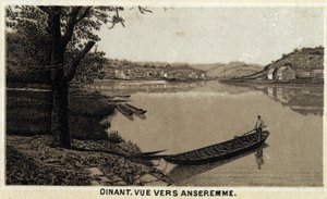 Dîner, vue vers Anseremme, et rivière Lesse, Région wallonne de Belgique. Chromolithographie de la fin du 19ème siècle